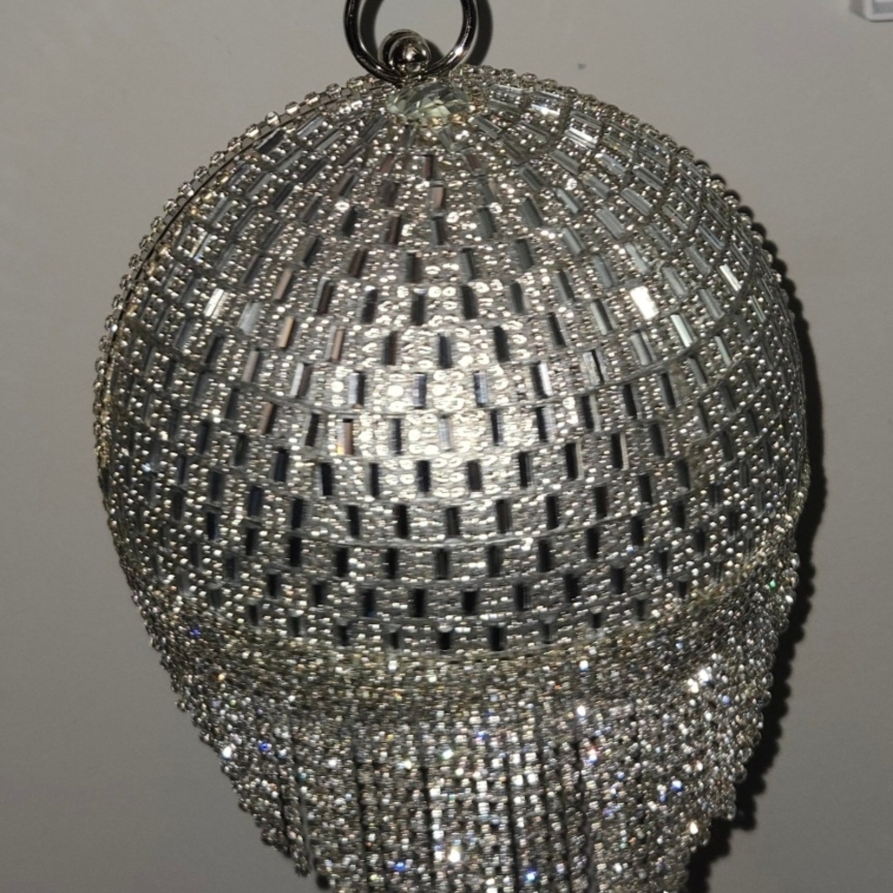 NWT Natasha Couture Silver Glass Crystal Orb Clutch - Picture 8 of 8